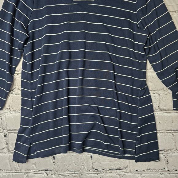 J Jill Pima 3/4 Sleeve V-Neck Navy Blue White Classic Stripe Pima Cotton Top Med - Picture 3 of 11